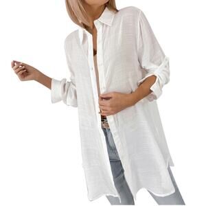 Rebellion white long sleeve shirt dress twill beachy coastal lagen look small